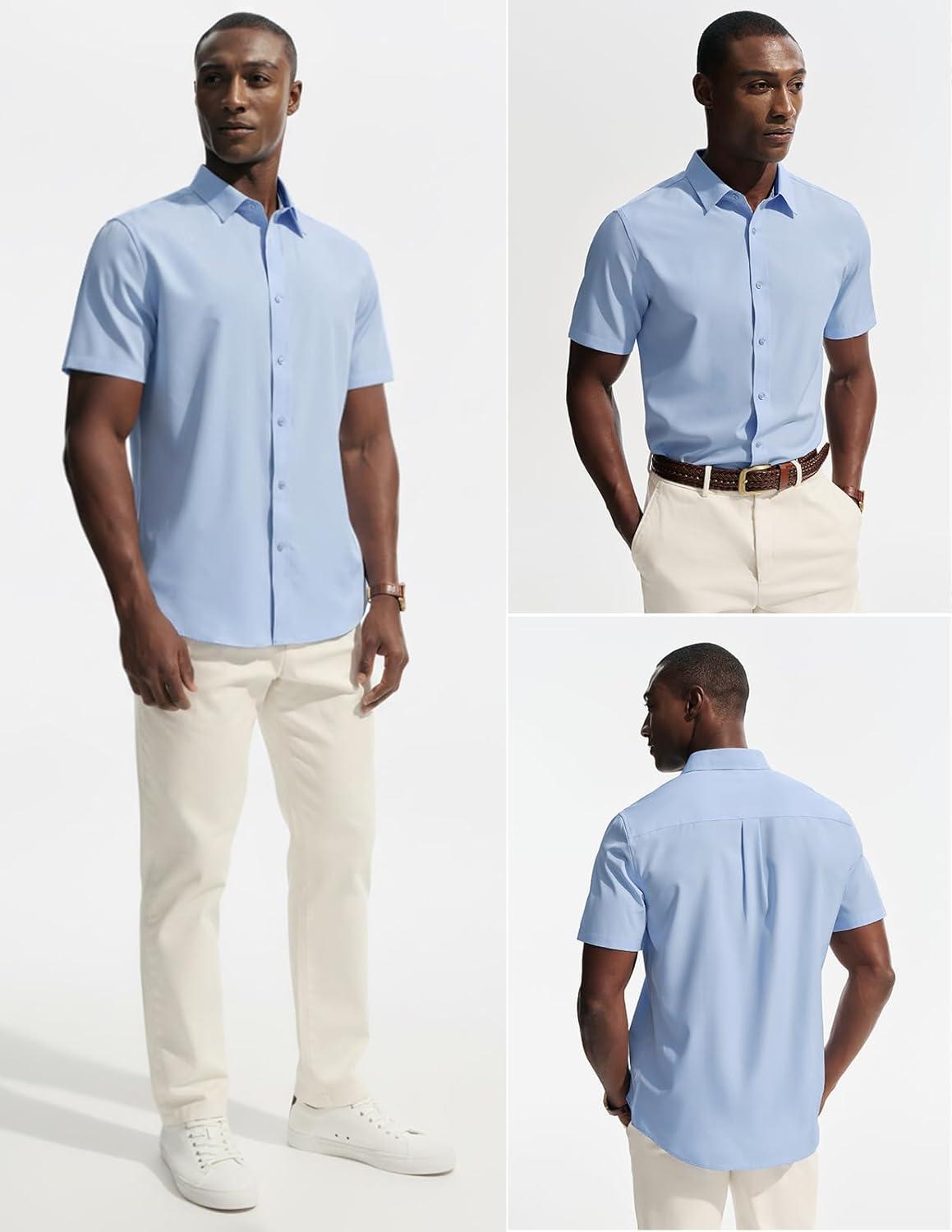 imagePJ PAUL JONES Mens Short Sleeve Dress Shirts Stretch Wrinke Free Untucked Business Casual Button Down Shirt Regular FitBlue