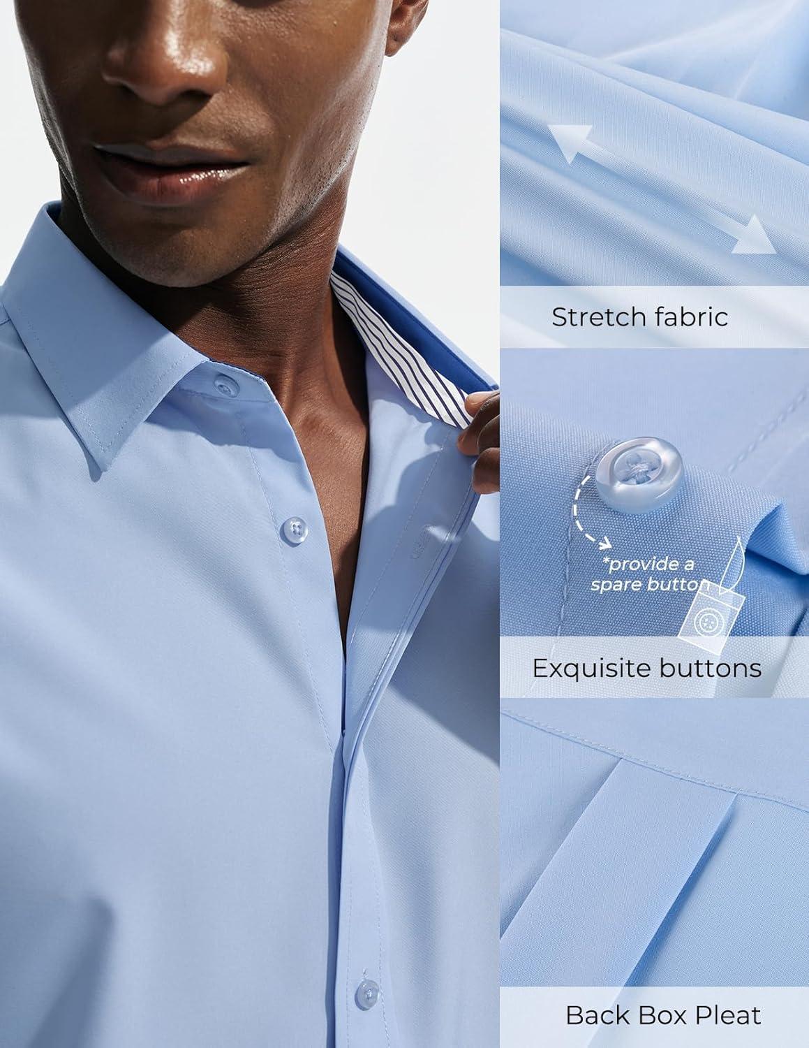 imagePJ PAUL JONES Mens Short Sleeve Dress Shirts Stretch Wrinke Free Untucked Business Casual Button Down Shirt Regular FitBlue