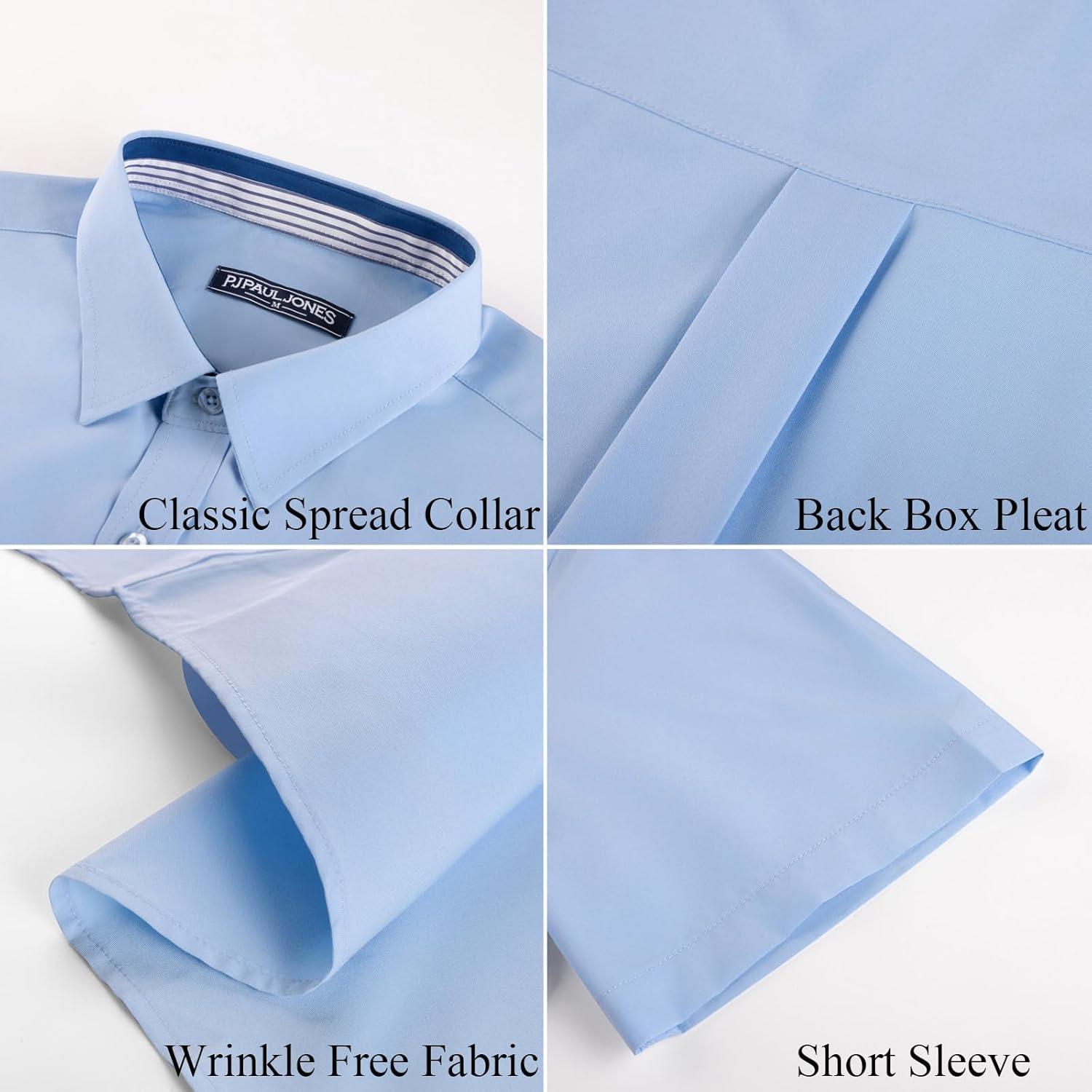 imagePJ PAUL JONES Mens Short Sleeve Dress Shirts Stretch Wrinke Free Untucked Business Casual Button Down Shirt Regular FitBlue