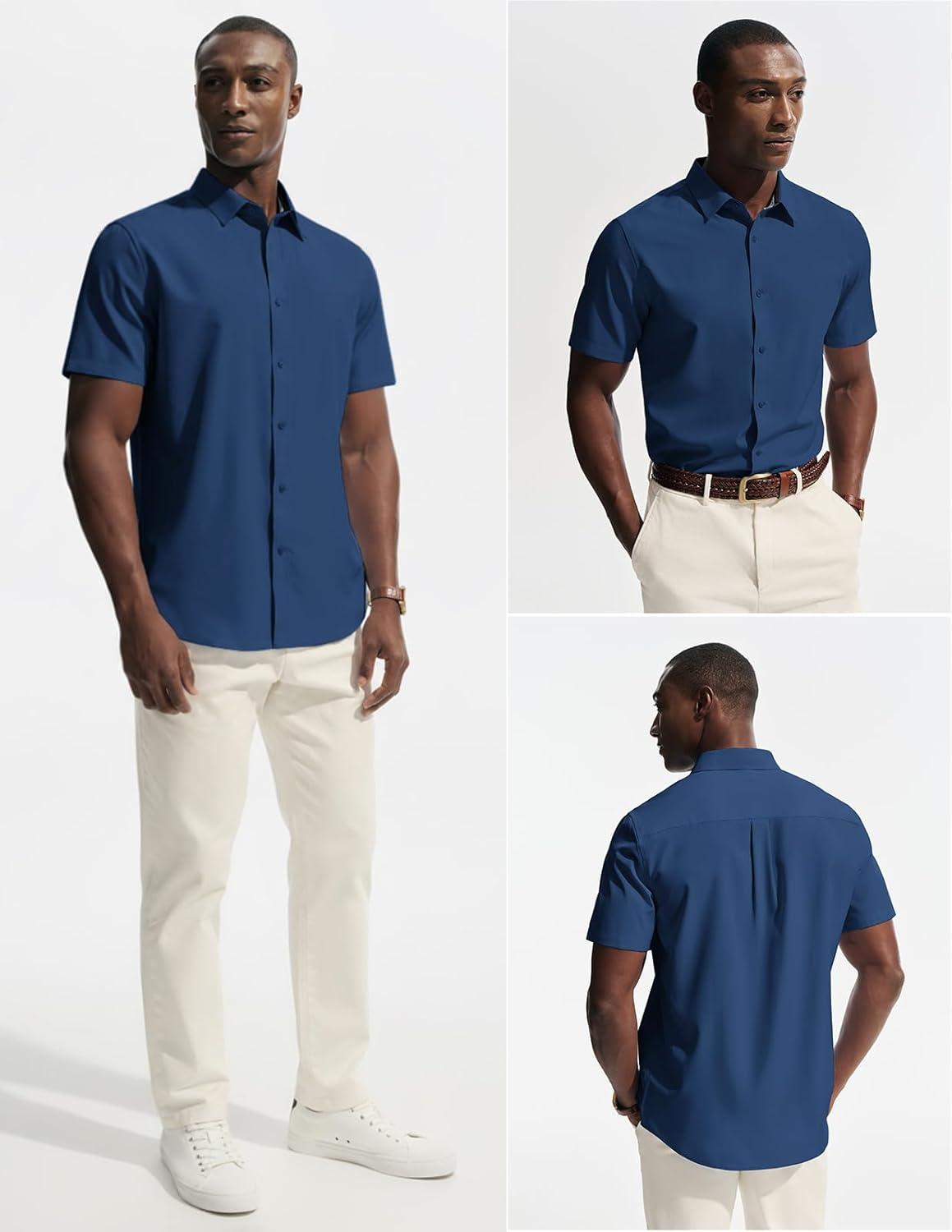 imagePJ PAUL JONES Mens Short Sleeve Dress Shirts Stretch Wrinke Free Untucked Business Casual Button Down Shirt Regular FitDark Blue