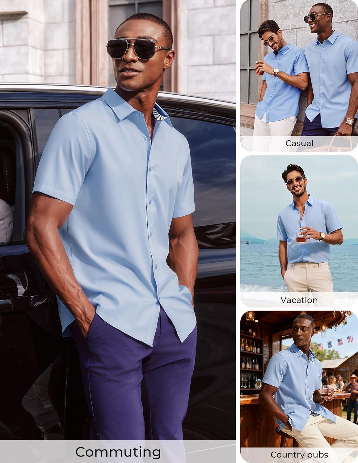 imagePJ PAUL JONES Mens Short Sleeve Dress Shirts Stretch Wrinke Free Untucked Business Casual Button Down Shirt Regular FitDark Blue