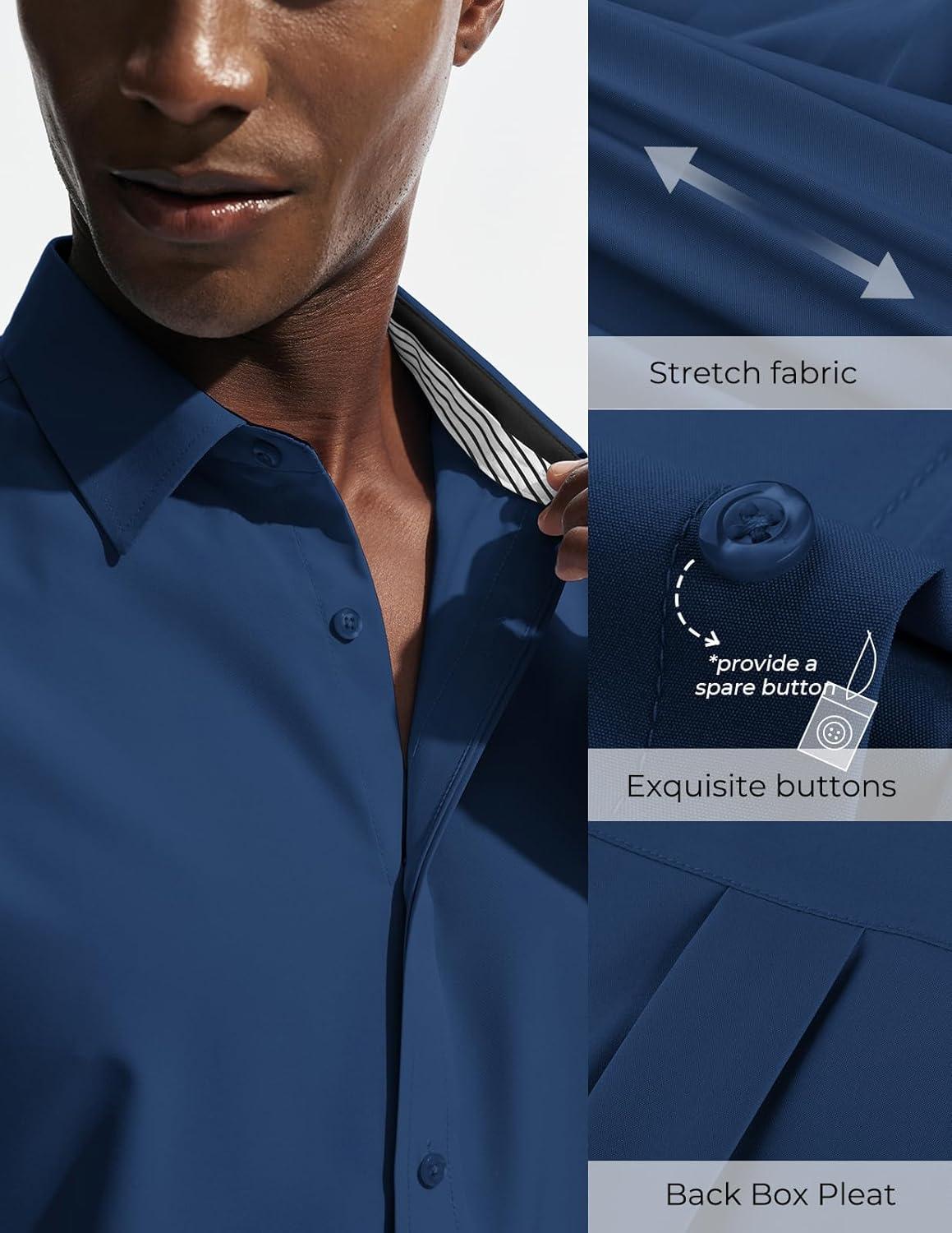 imagePJ PAUL JONES Mens Short Sleeve Dress Shirts Stretch Wrinke Free Untucked Business Casual Button Down Shirt Regular FitDark Blue