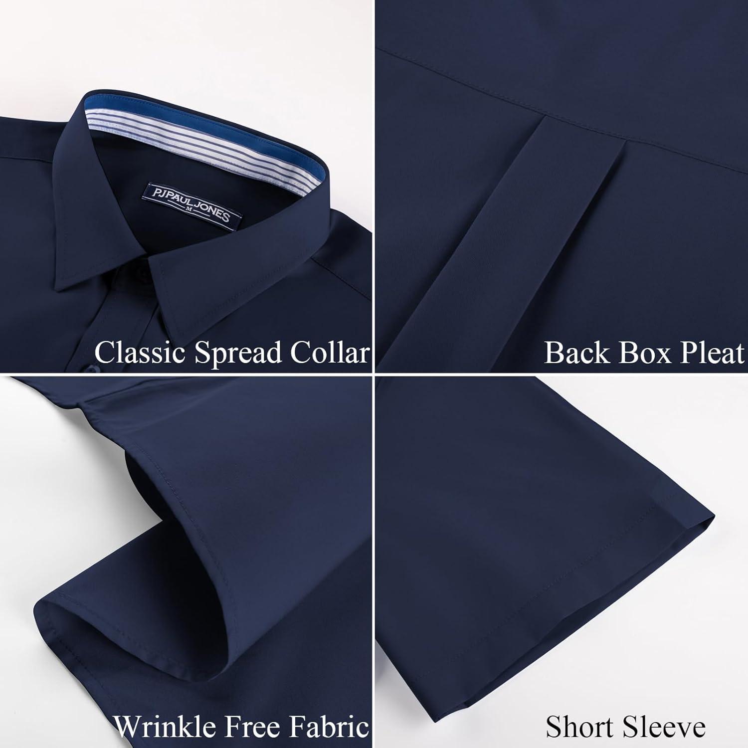 imagePJ PAUL JONES Mens Short Sleeve Dress Shirts Stretch Wrinke Free Untucked Business Casual Button Down Shirt Regular FitNavy Blue