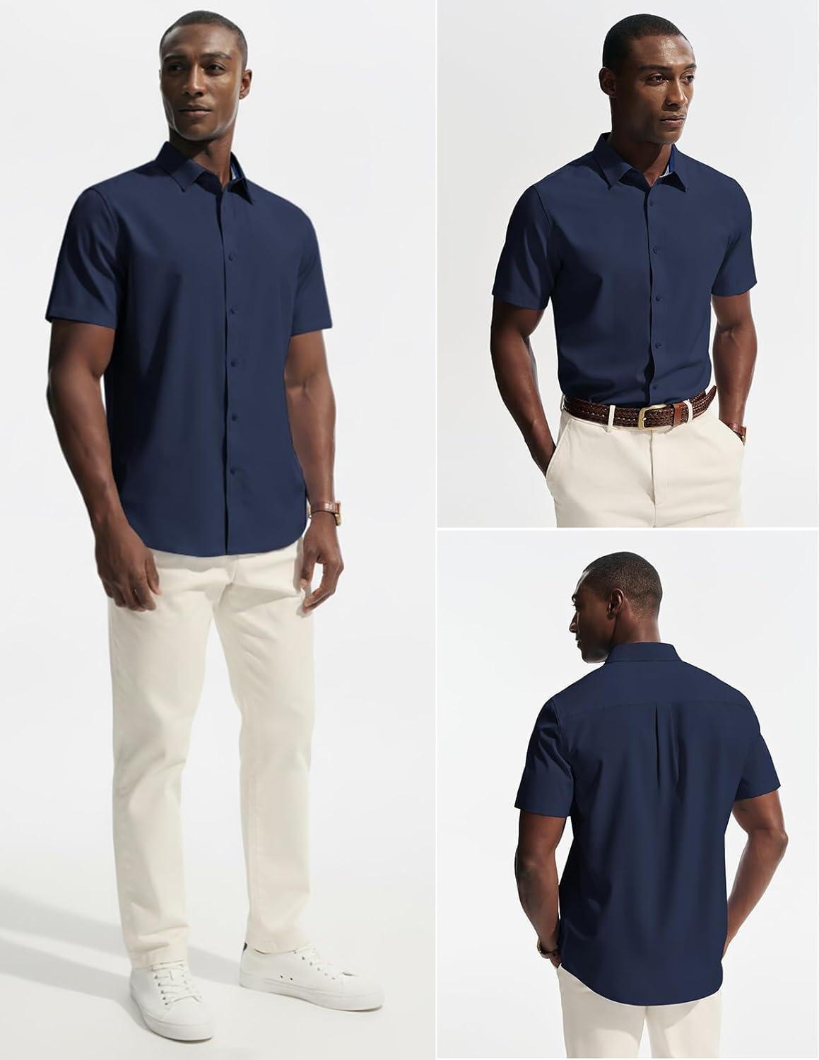 imagePJ PAUL JONES Mens Short Sleeve Dress Shirts Stretch Wrinke Free Untucked Business Casual Button Down Shirt Regular FitNavy Blue