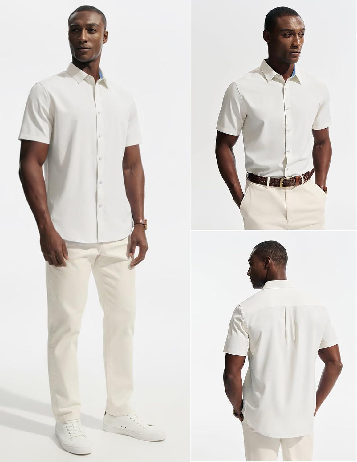 imagePJ PAUL JONES Mens Short Sleeve Dress Shirts Stretch Wrinke Free Untucked Business Casual Button Down Shirt Regular FitWhite