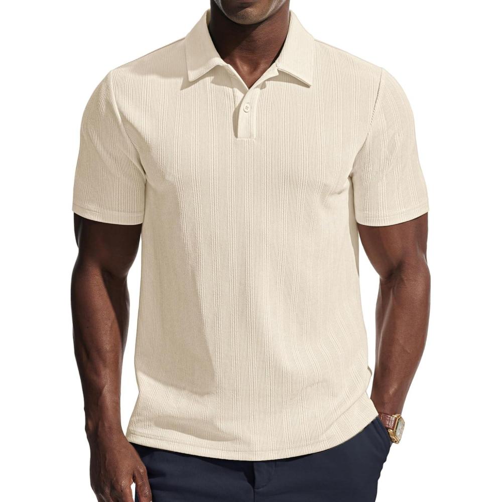 imagePJ PAUL JONES Men Polo Shirts Short Sleeve Textured Knit Polo Collared Golf Polo ShirtBeige