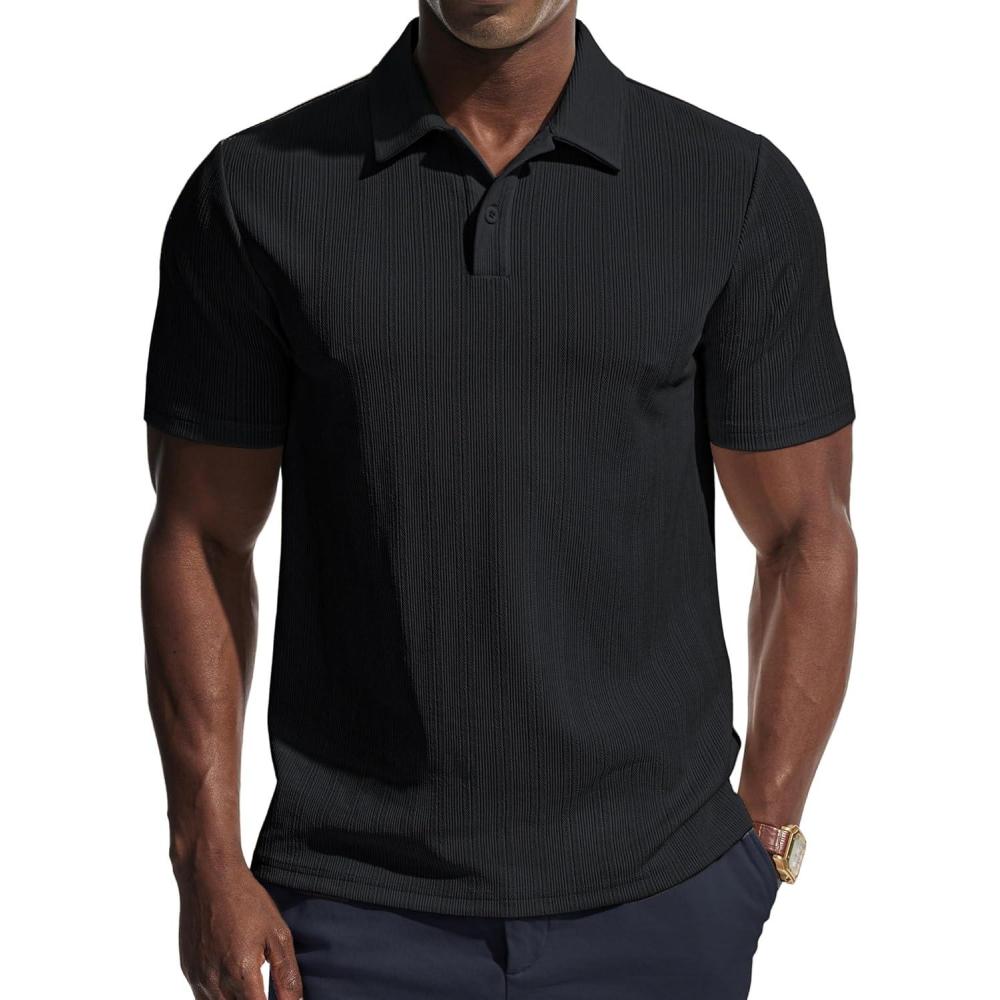 imagePJ PAUL JONES Men Polo Shirts Short Sleeve Textured Knit Polo Collared Golf Polo ShirtBlack