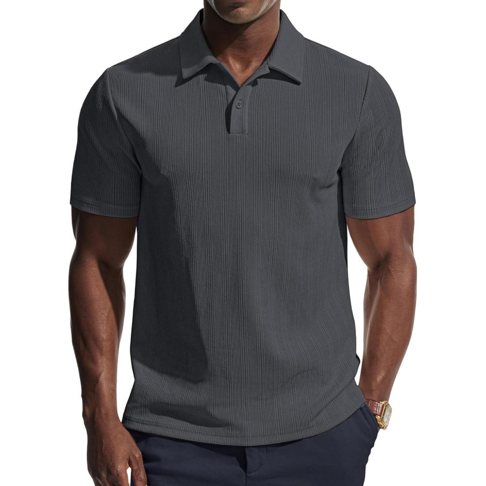 imagePJ PAUL JONES Men Polo Shirts Short Sleeve Textured Knit Polo Collared Golf Polo ShirtDark Grey