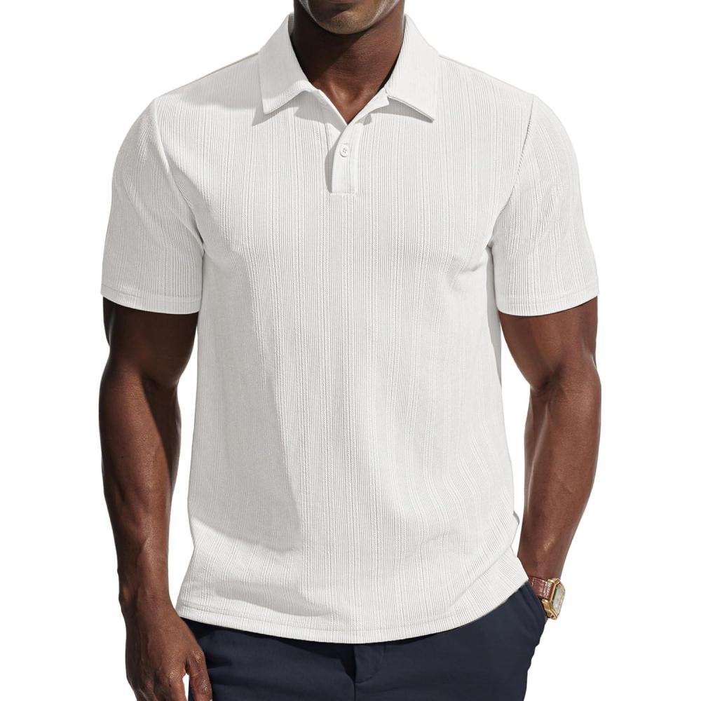 imagePJ PAUL JONES Men Polo Shirts Short Sleeve Textured Knit Polo Collared Golf Polo ShirtWhite