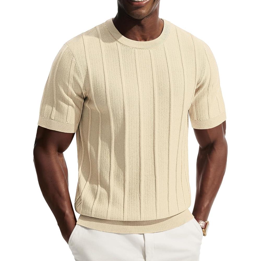 imagePJ PAUL JONES Men TShirts Crewneck Tee Shirt Ribbed Knit Tee Short Sleeve Texture T ShirtApricot