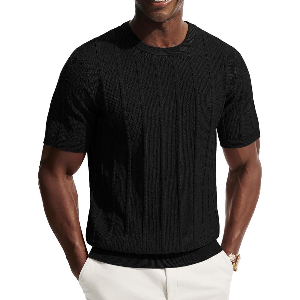 imagePJ PAUL JONES Men TShirts Crewneck Tee Shirt Ribbed Knit Tee Short Sleeve Texture T ShirtBlack