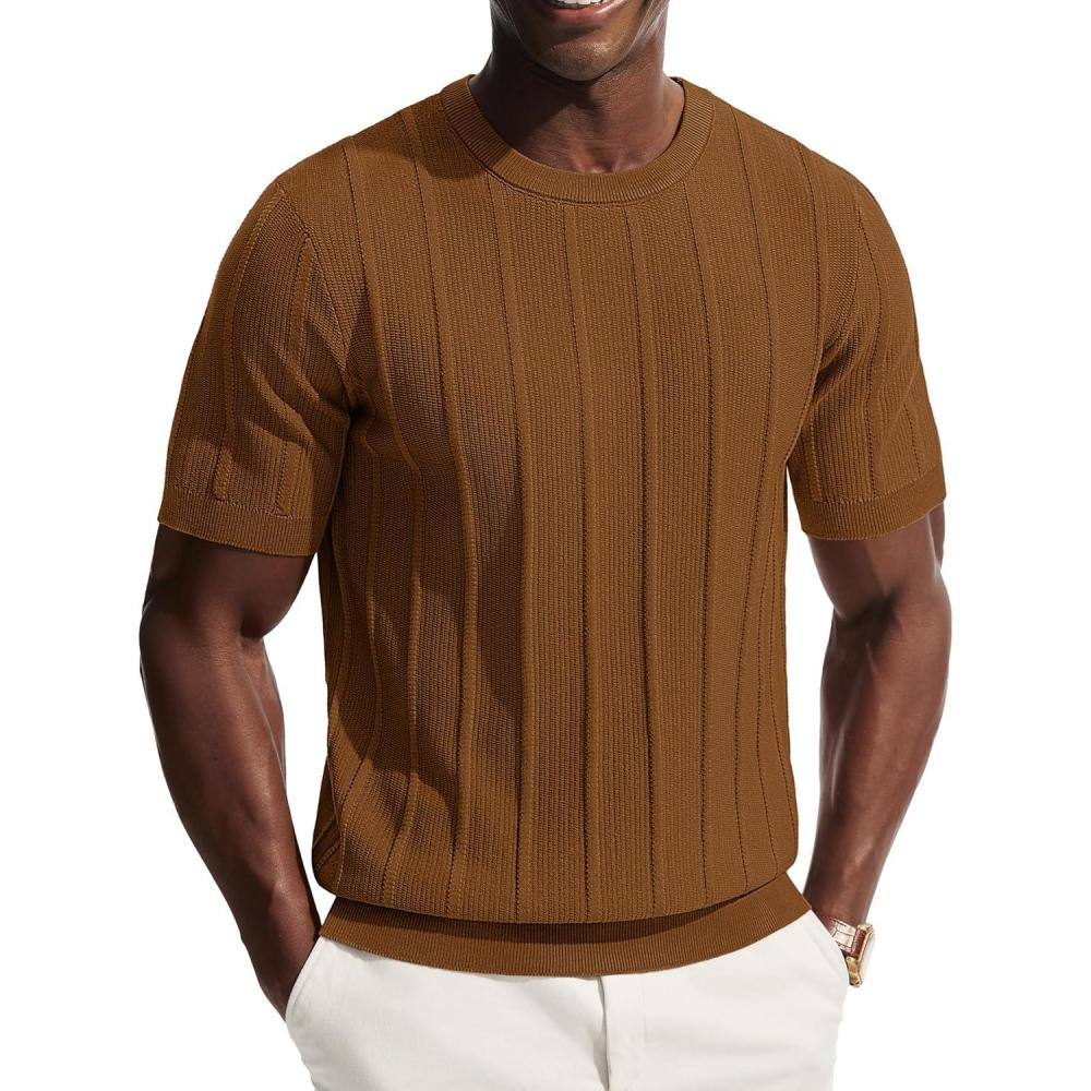 imagePJ PAUL JONES Men TShirts Crewneck Tee Shirt Ribbed Knit Tee Short Sleeve Texture T ShirtBrown