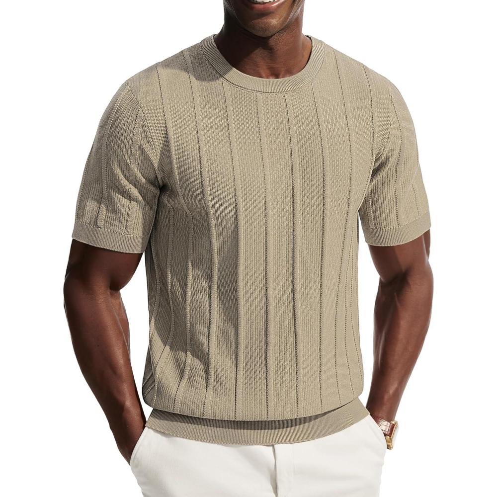imagePJ PAUL JONES Men TShirts Crewneck Tee Shirt Ribbed Knit Tee Short Sleeve Texture T ShirtLight Khaki