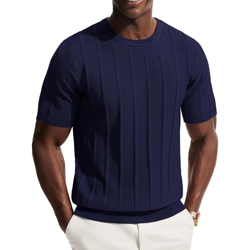 imagePJ PAUL JONES Men TShirts Crewneck Tee Shirt Ribbed Knit Tee Short Sleeve Texture T ShirtNavy Blue