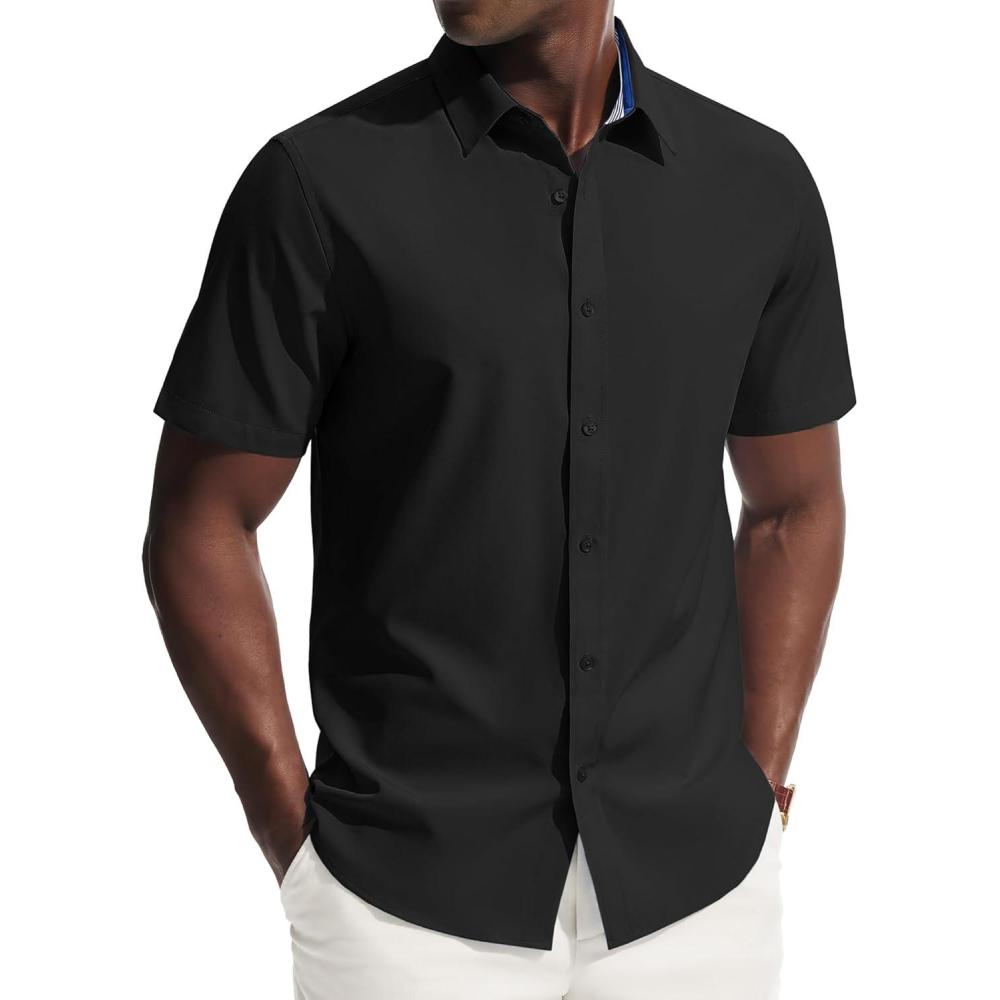 imagePJ PAUL JONES Mens Short Sleeve Dress Shirts Stretch Wrinke Free Untucked Business Casual Button Down Shirt Regular FitBlack