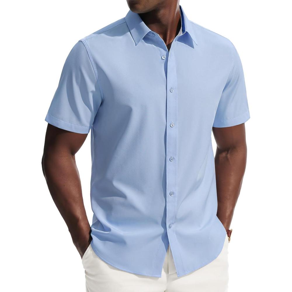 imagePJ PAUL JONES Mens Short Sleeve Dress Shirts Stretch Wrinke Free Untucked Business Casual Button Down Shirt Regular FitBlue