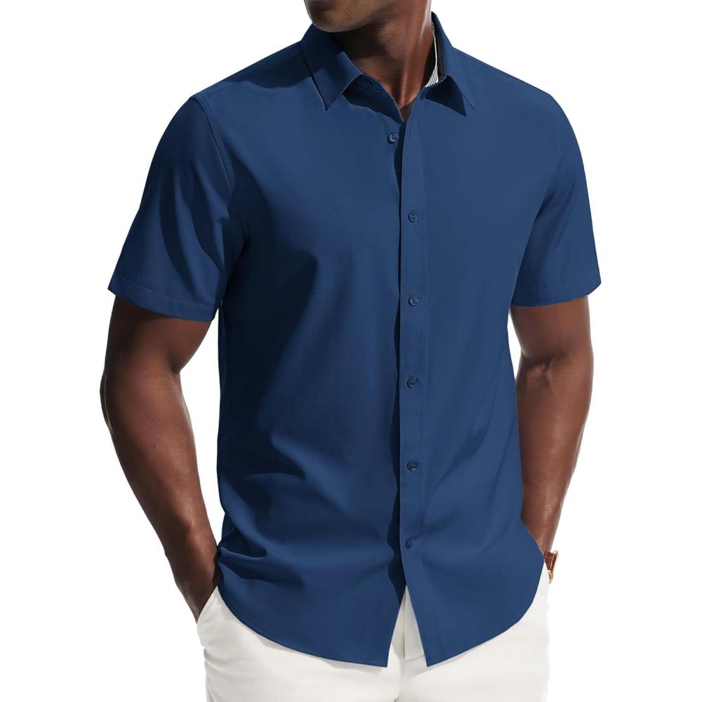 imagePJ PAUL JONES Mens Short Sleeve Dress Shirts Stretch Wrinke Free Untucked Business Casual Button Down Shirt Regular FitDark Blue