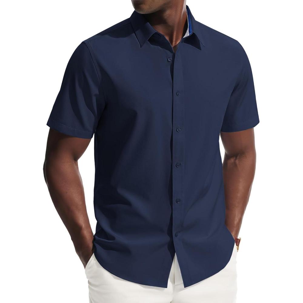 imagePJ PAUL JONES Mens Short Sleeve Dress Shirts Stretch Wrinke Free Untucked Business Casual Button Down Shirt Regular FitNavy Blue