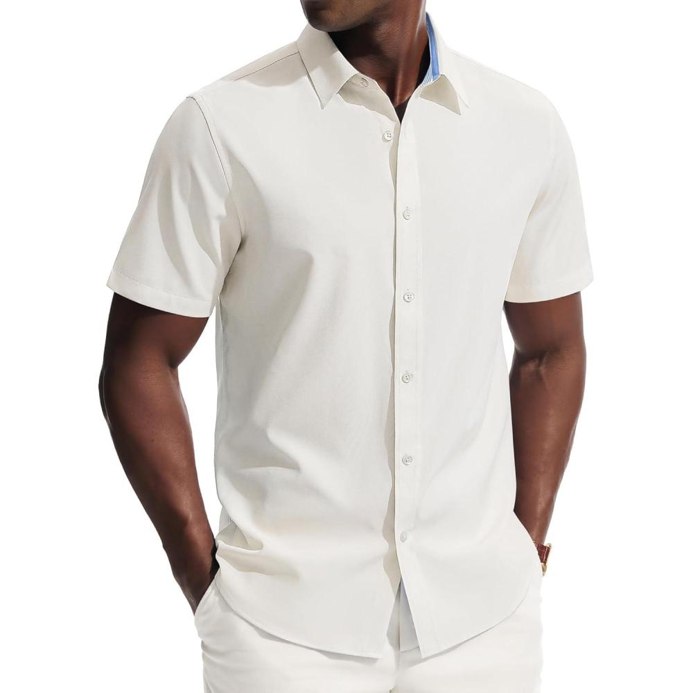 imagePJ PAUL JONES Mens Short Sleeve Dress Shirts Stretch Wrinke Free Untucked Business Casual Button Down Shirt Regular FitWhite