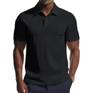 PJ PAUL JONES Men Polo Shirts Short Sleeve Textured Knit Polo Collared Golf Polo Shirt(Black)