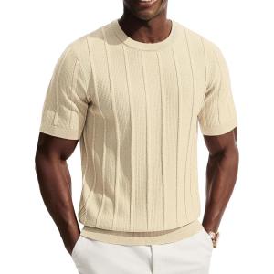 PJ PAUL JONES Men T-Shirts Crewneck Tee Shirt Ribbed Knit Tee Short Sleeve Texture T Shirt(Apricot)