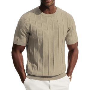 PJ PAUL JONES Men T-Shirts Crewneck Tee Shirt Ribbed Knit Tee Short Sleeve Texture T Shirt(Light Khaki)
