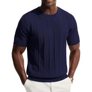 PJ PAUL JONES Men T-Shirts Crewneck Tee Shirt Ribbed Knit Tee Short Sleeve Texture T Shirt(Navy Blue)