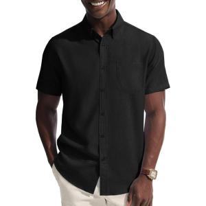 PJ PAUL JONES Mens Dress Shirt Casual Untucked Shirts Short Sleeve Button Down Shirt with Pocket(Black)