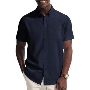 PJ PAUL JONES Mens Dress Shirt Casual Untucked Shirts Short Sleeve Button Down Shirt with Pocket(Navy Blue)