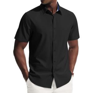 PJ PAUL JONES Mens Short Sleeve Dress Shirts Stretch Wrinke Free Untucked Business Casual Button Down Shirt Regular Fit(Black)