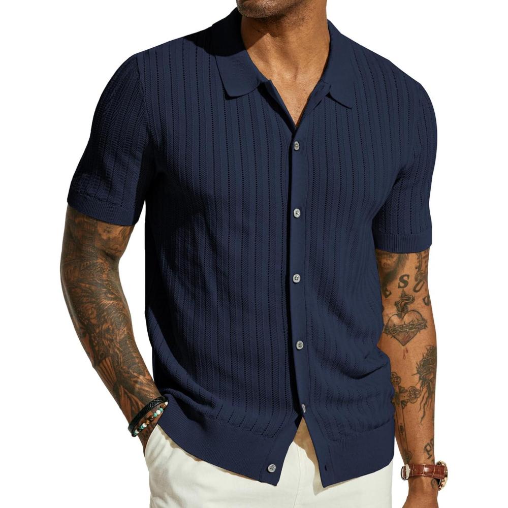 imagePJ PAUL JONES Mens Knit Shirt Short Sleeve Summer Hollow Out Shirt Beach Button Down ShirtNavy Blue