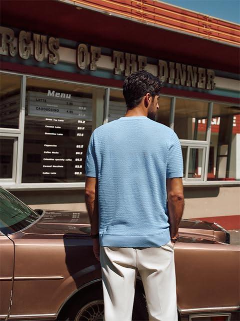 imagePJ PAUL JONES Mens TShirts Short Sleeve Crewneck Knit TShirt Casual Lightweight Solid Knitted TeesLight Blue