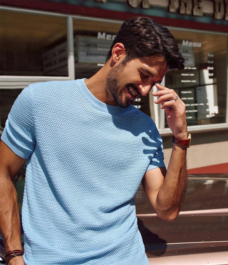 imagePJ PAUL JONES Mens TShirts Short Sleeve Crewneck Knit TShirt Casual Lightweight Solid Knitted TeesLight Blue