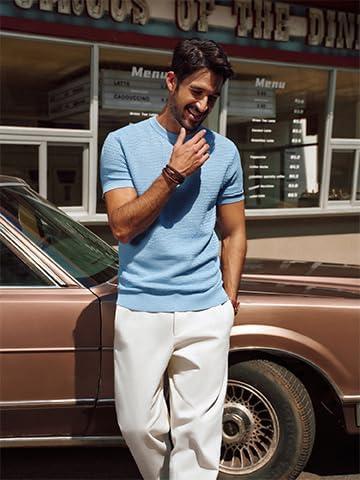 imagePJ PAUL JONES Mens TShirts Short Sleeve Crewneck Knit TShirt Casual Lightweight Solid Knitted TeesLight Blue