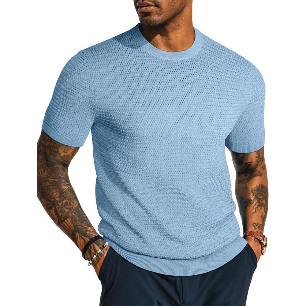 imagePJ PAUL JONES Mens TShirts Short Sleeve Crewneck Knit TShirt Casual Lightweight Solid Knitted TeesLight Blue
