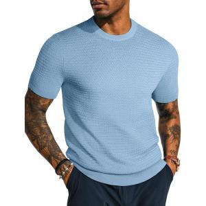 PJ PAUL JONES Men’s T-Shirts Short Sleeve Crewneck Knit T-Shirt Casual Lightweight Solid Knitted Tees(Light Blue)