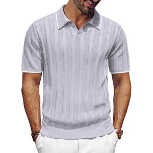 PJ PAUL JONES Mens Polo Shirts Regular Fit Textured V-Neck Knit Golf Polos(Light Grey Contrast)