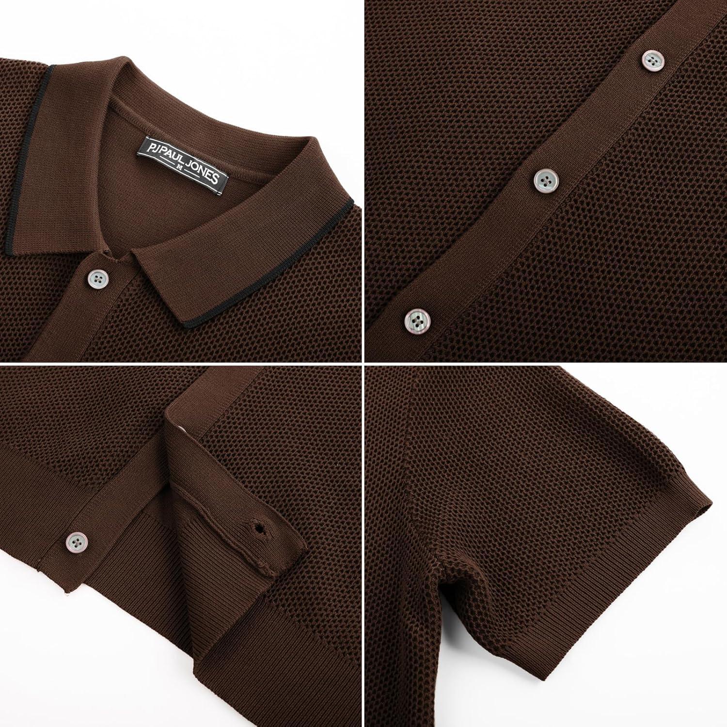 imagePJ PAUL JONES Mens Knit Button Down Shirts Short Sleeve Vintage Polo Shirt Casual Summer Beach ShirtsCoffee