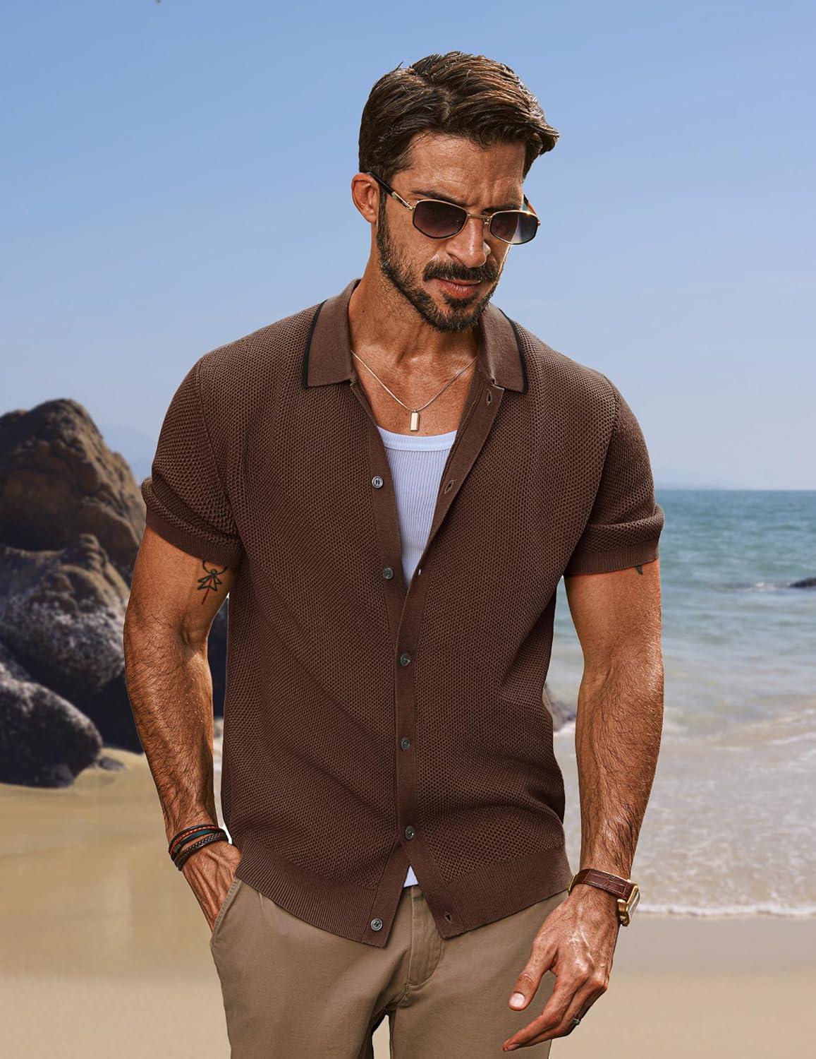 imagePJ PAUL JONES Mens Knit Button Down Shirts Short Sleeve Vintage Polo Shirt Casual Summer Beach ShirtsCoffee