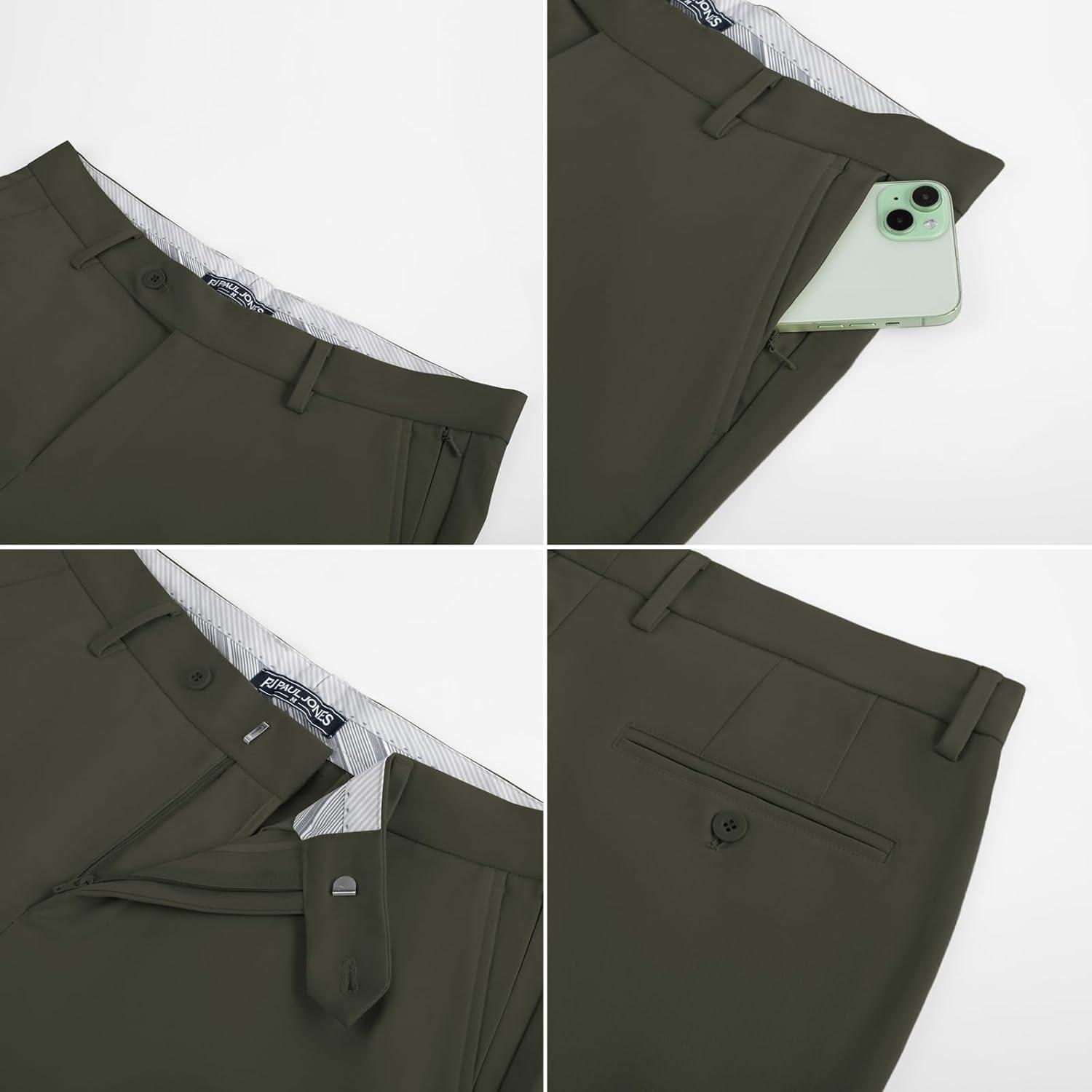 imagePJ PAUL JONES Mens Work Pants Regular Fit Casual Dress Pants Expandable Waist Dress Cropped Pant Slacks Tapered Pant Army Green XL