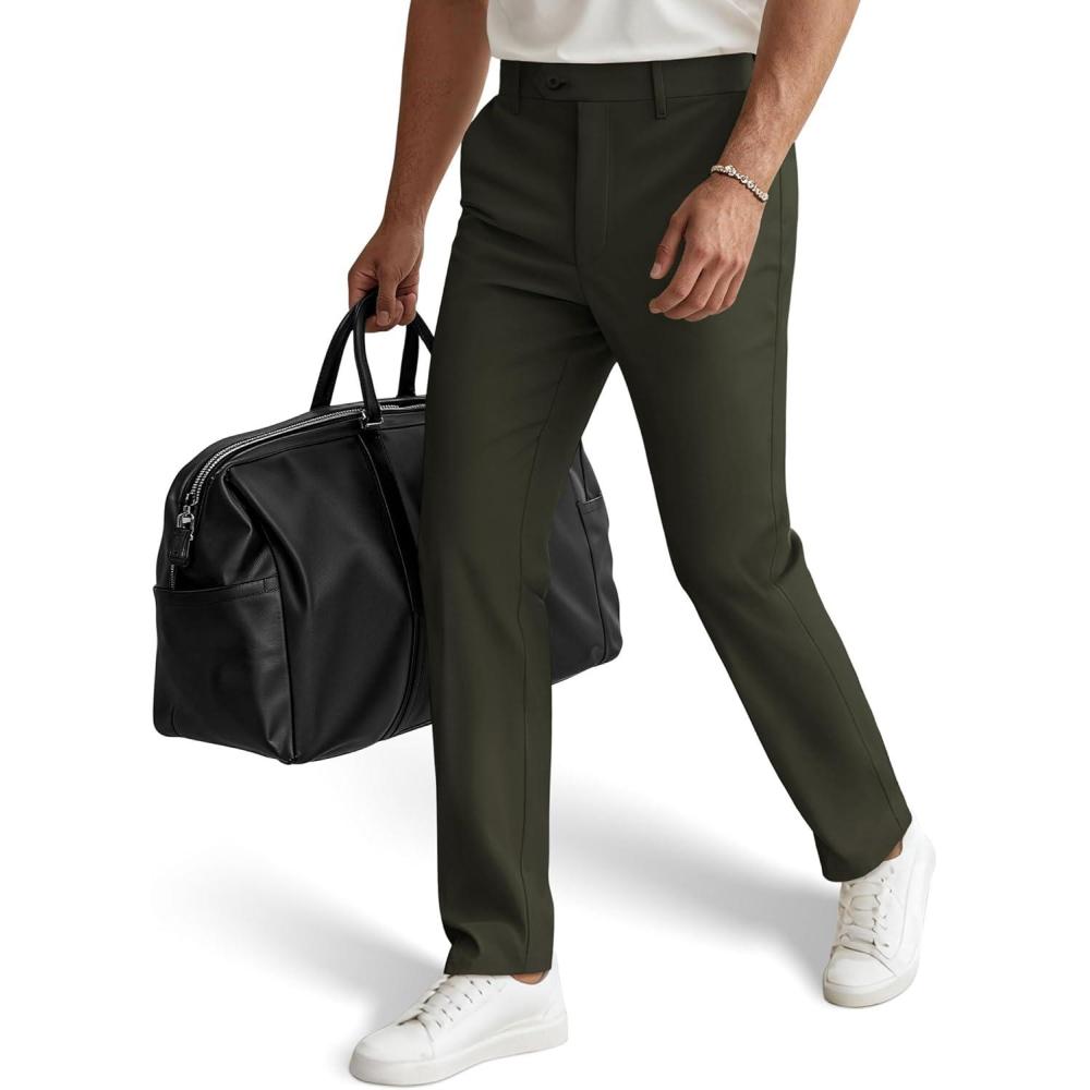 imagePJ PAUL JONES Mens Work Pants Regular Fit Casual Dress Pants Expandable Waist Dress Cropped Pant Slacks Tapered Pant Army Green XL