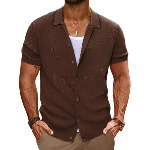 PJ PAUL JONES Men’s Knit Button Down Shirts Short Sleeve Vintage Polo Shirt Casual Summer Beach Shirts(Coffee)