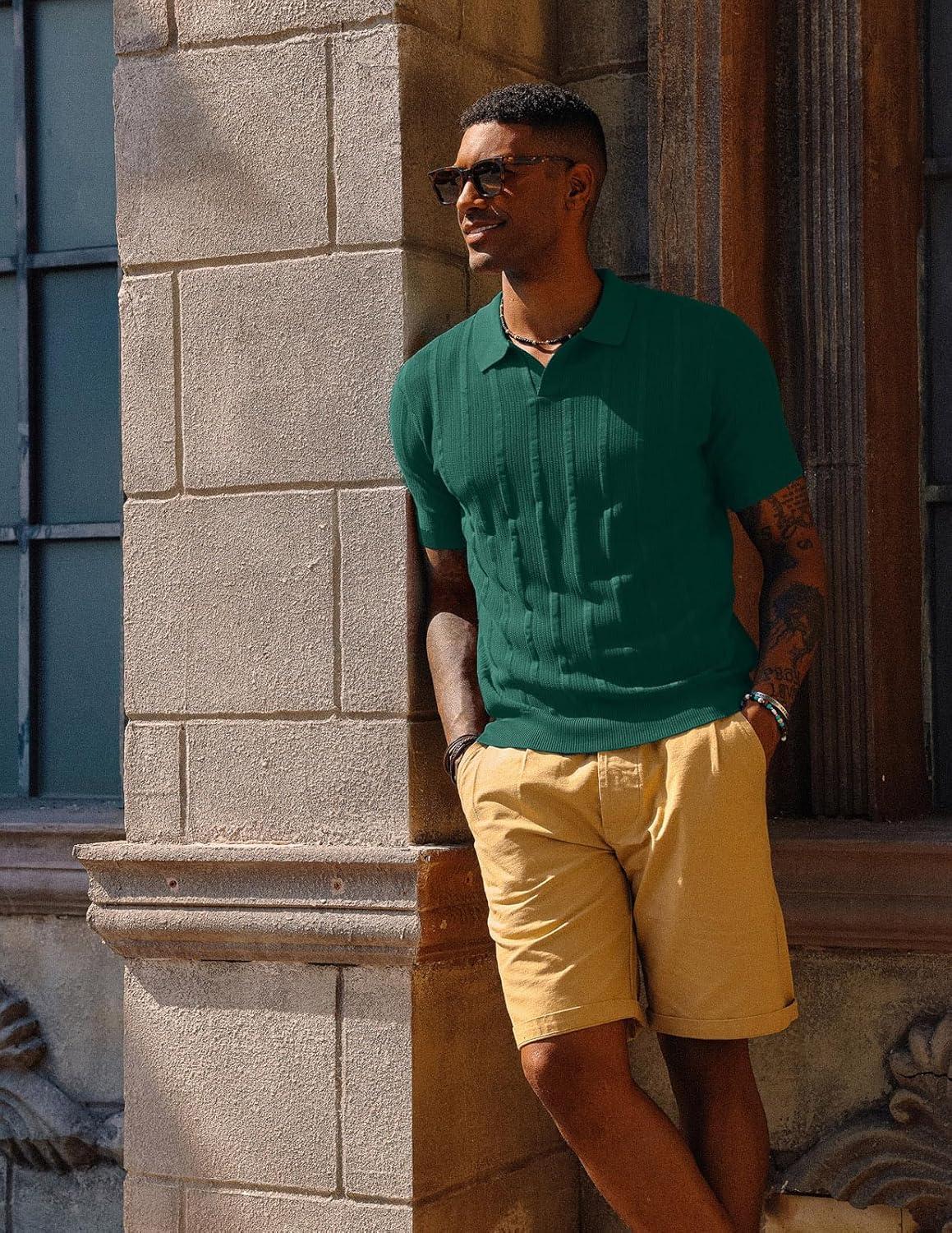 imagePJ PAUL JONES Mens Polo Shirts Regular Fit Textured VNeck Knit Golf PolosDark Green