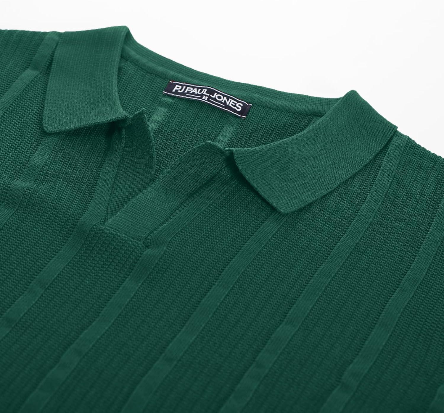imagePJ PAUL JONES Mens Polo Shirts Regular Fit Textured VNeck Knit Golf PolosDark Green