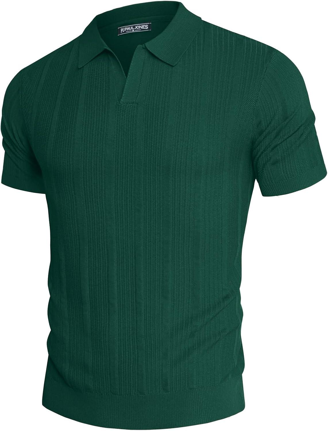 imagePJ PAUL JONES Mens Polo Shirts Regular Fit Textured VNeck Knit Golf PolosDark Green