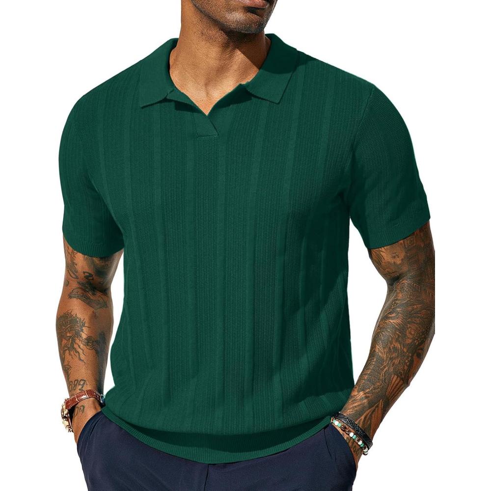 imagePJ PAUL JONES Mens Polo Shirts Regular Fit Textured VNeck Knit Golf PolosDark Green
