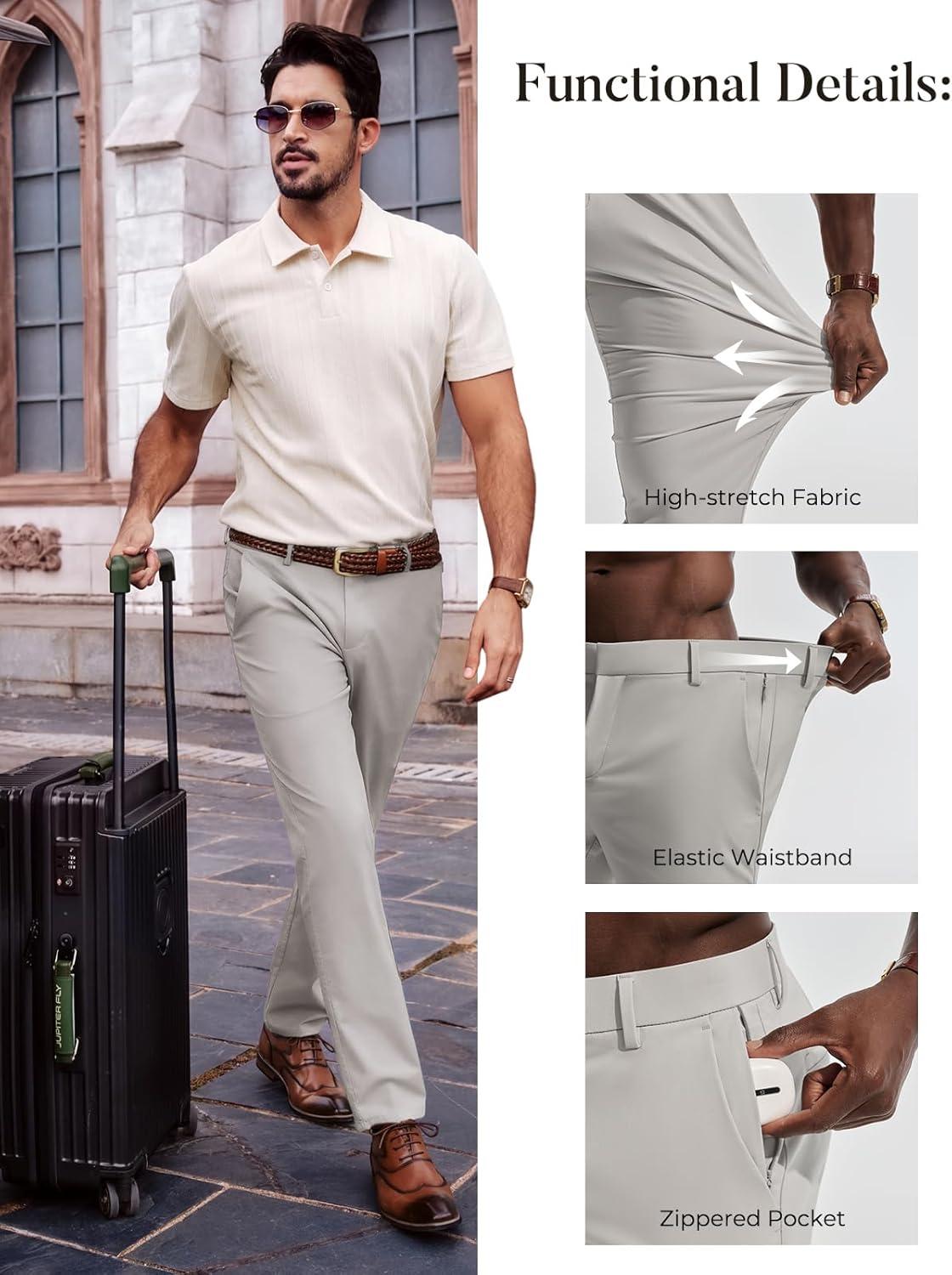 imagePJ PAUL JONES Mens Dress Pants 4Way Stretch Tapered Trousers Extended Waist Dress Pant Casual Golf PantsBeige Gray