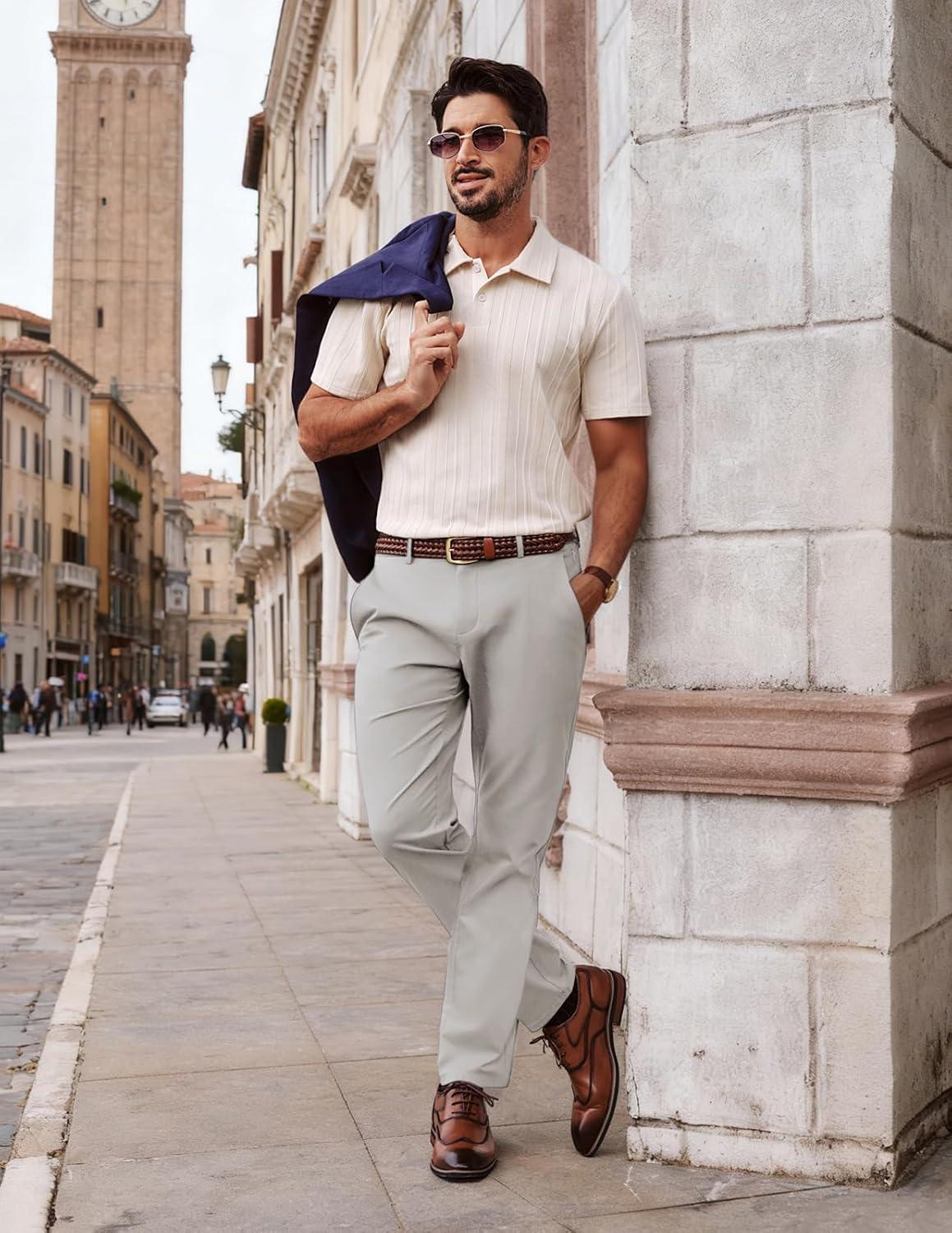 imagePJ PAUL JONES Mens Dress Pants 4Way Stretch Tapered Trousers Extended Waist Dress Pant Casual Golf PantsBeige Gray