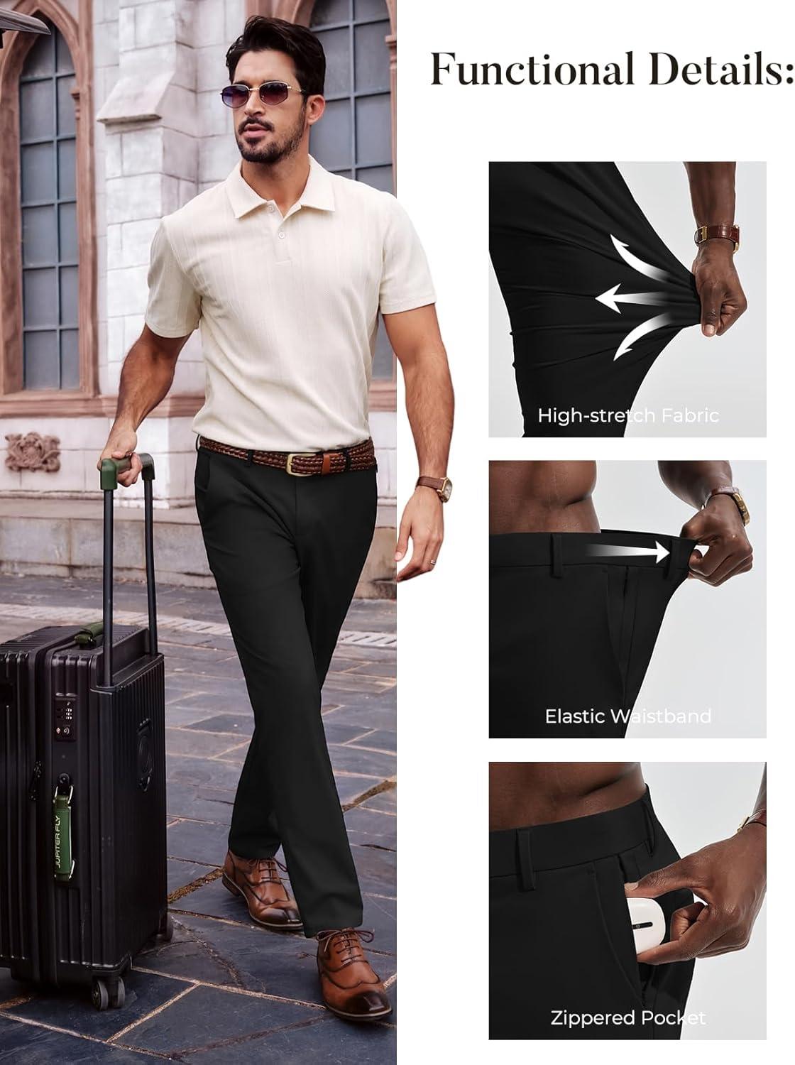 imagePJ PAUL JONES Mens Dress Pants 4Way Stretch Tapered Trousers Extended Waist Dress Pant Casual Golf PantsBlack