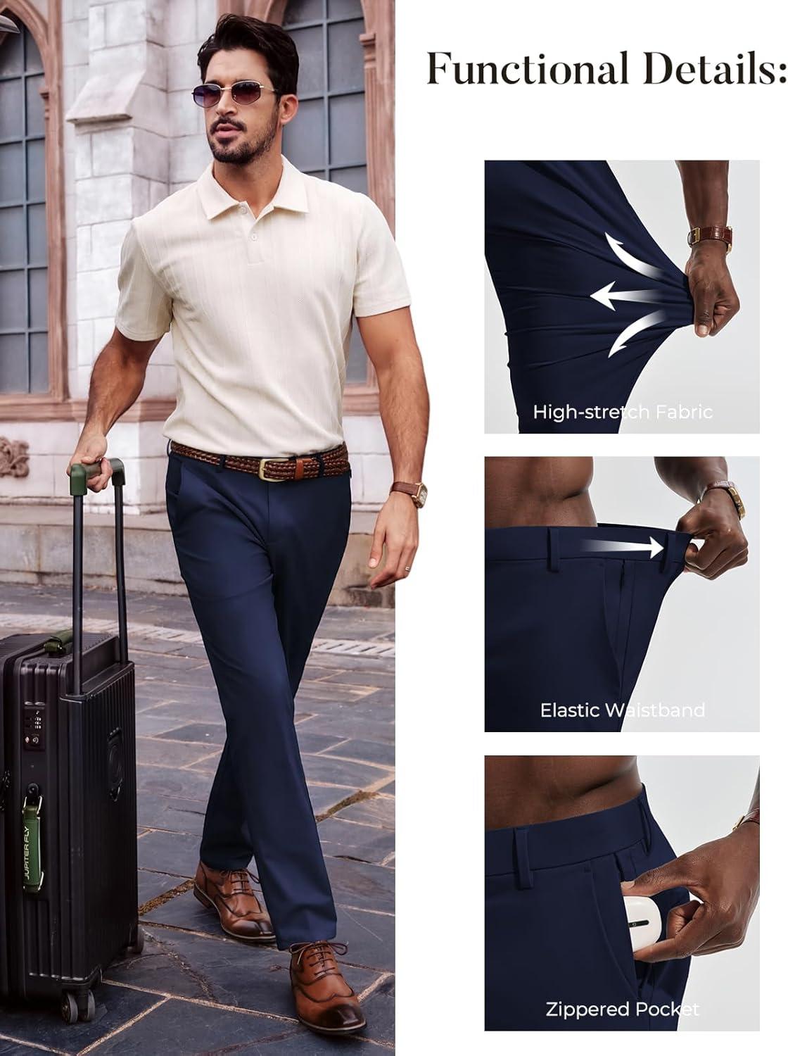 imagePJ PAUL JONES Mens Dress Pants 4Way Stretch Tapered Trousers Extended Waist Dress Pant Casual Golf PantsDark Blue